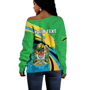Personalized Tanzania Uhuru Day Off Shoulder Sweater Coat Of Arms - Sports Style - African Pride