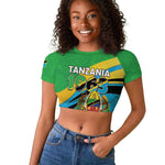 Personalized Tanzania Uhuru Day Raglan Cropped T shirt Coat Of Arms - Sports Style - African Pride