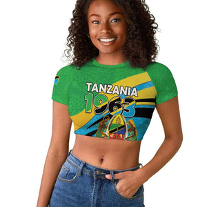 Personalized Tanzania Uhuru Day Raglan Cropped T shirt Coat Of Arms - Sports Style - African Pride