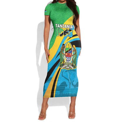 Personalized Tanzania Uhuru Day Short Sleeve Bodycon Dress Coat Of Arms - Sports Style - African Pride