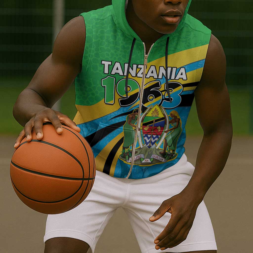 Personalized Tanzania Uhuru Day Sleeveless Zip Hoodie Coat Of Arms - Sports Style - African Pride