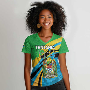 Personalized Tanzania Uhuru Day Women V-Neck T-Shirt Coat Of Arms - Sports Style - African Pride