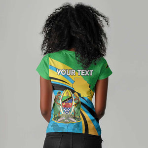 Personalized Tanzania Uhuru Day Women V-Neck T-Shirt Coat Of Arms - Sports Style - African Pride