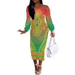 Personalized Afro Burkina Faso Off The Shoulder Long Sleeve Dress African Dashiki Style - African Pride