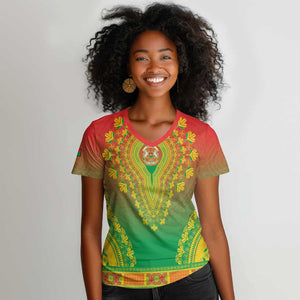 Personalized Afro Burkina Faso Women V-Neck T-Shirt African Dashiki Style - African Pride