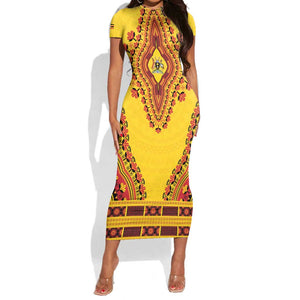Personalized Afro Uganda Short Sleeve Bodycon Dress African Dashiki Style - African Pride