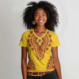 Personalized Afro Uganda Women V-Neck T-Shirt African Dashiki Style - African Pride