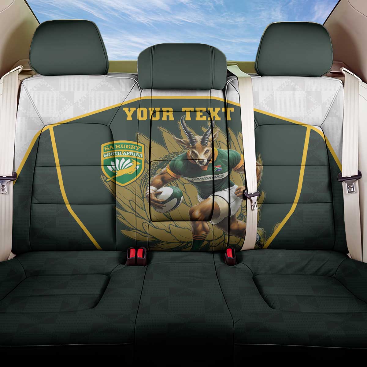 South Africa Rugby Personalised Back Car Seat Cover Springboks Mascot With King Protea -  African Pattern