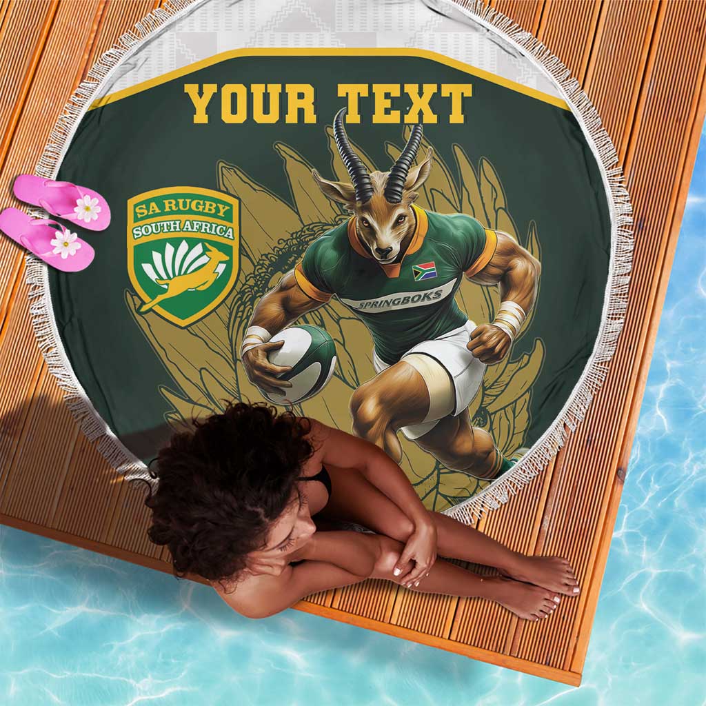 South Africa Rugby Personalised Beach Blanket Springboks Mascot With King Protea -  African Pattern