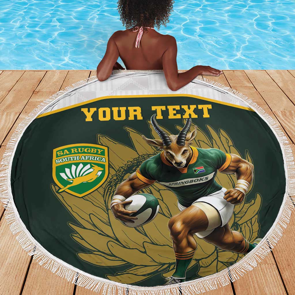 South Africa Rugby Personalised Beach Blanket Springboks Mascot With King Protea -  African Pattern
