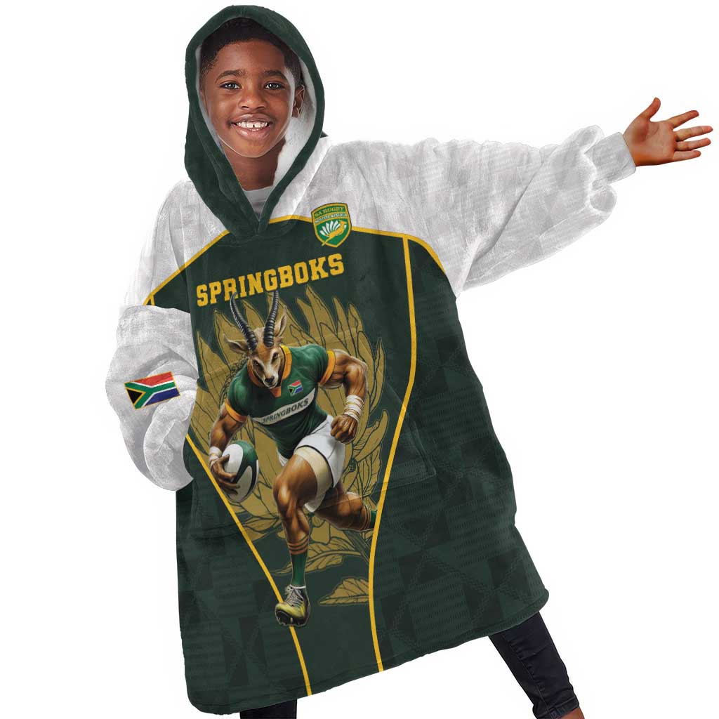 South Africa Rugby Personalised Kid Wearable Blanket Hoodie Springboks Mascot With King Protea -  African Pattern