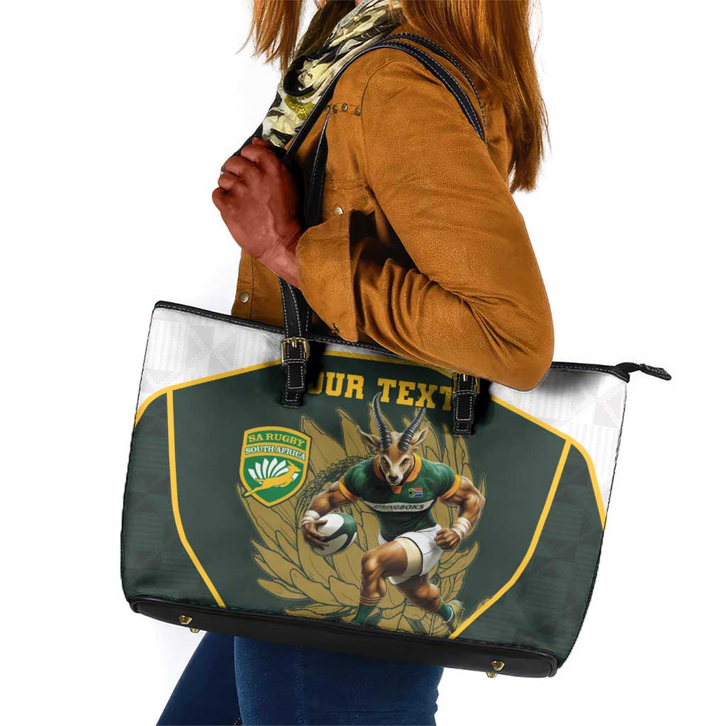 South Africa Rugby Personalised Leather Tote Bag Springboks Mascot With King Protea -  African Pattern