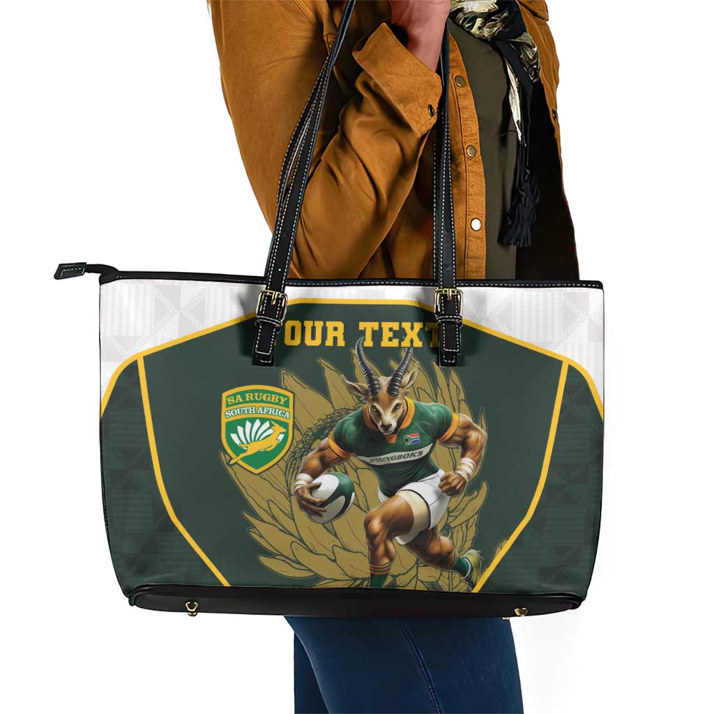 South Africa Rugby Personalised Leather Tote Bag Springboks Mascot With King Protea -  African Pattern