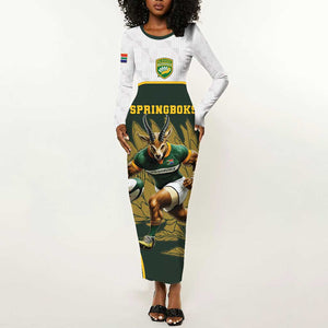 South Africa Rugby Personalised Long Sleeve Bodycon Dress Springboks Mascot With King Protea - African Pattern LT15