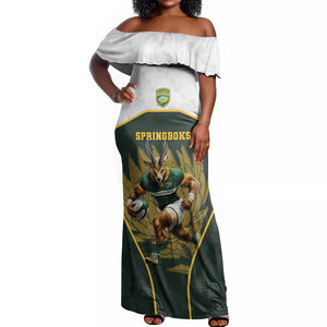 South Africa Rugby Personalised Off Shoulder Maxi Dress Springboks Mascot With King Protea -  African Pattern