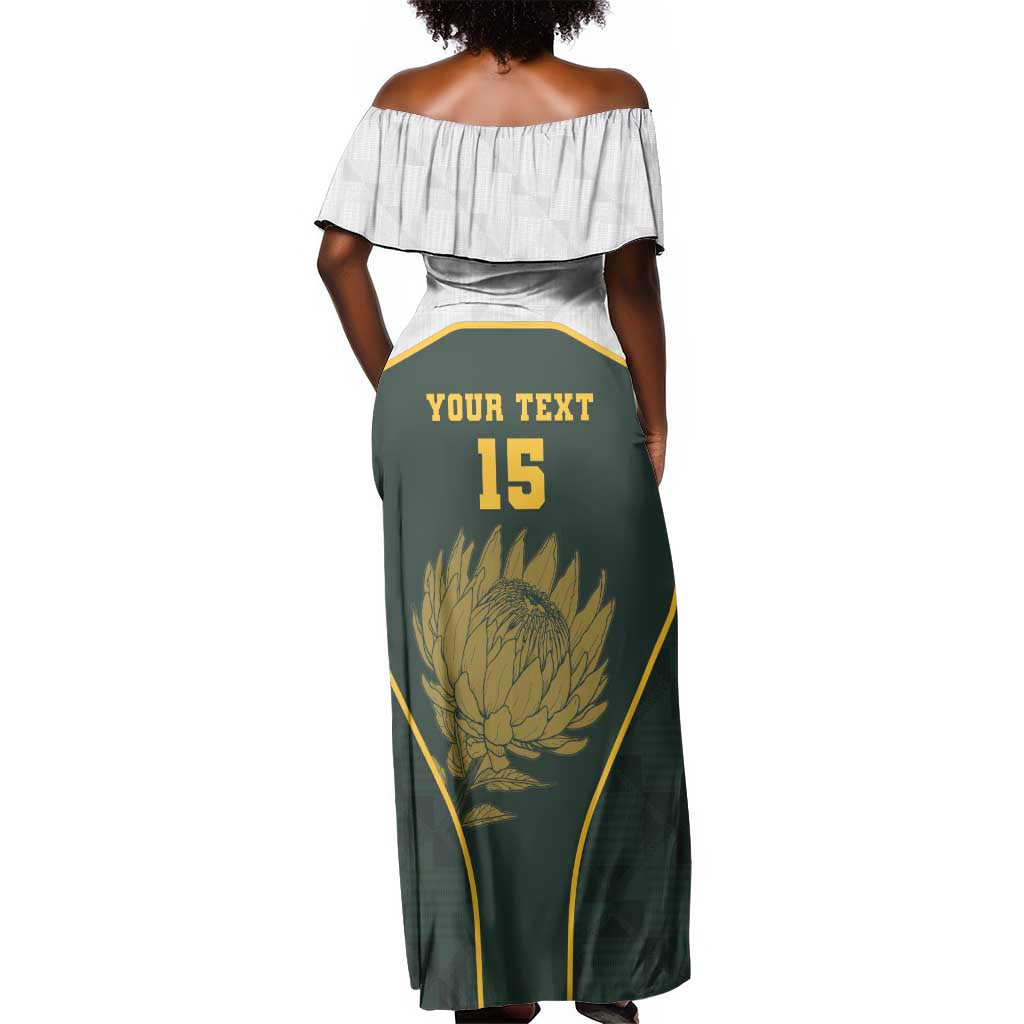 South Africa Rugby Personalised Off Shoulder Maxi Dress Springboks Mascot With King Protea -  African Pattern