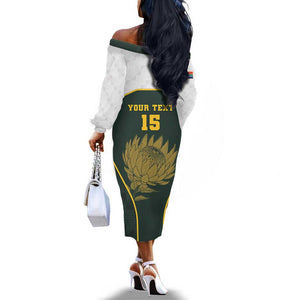 South Africa Rugby Personalised Off The Shoulder Long Sleeve Dress Springboks Mascot With King Protea -  African Pattern