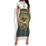 South Africa Rugby Personalised Short Sleeve Bodycon Dress Springboks Mascot With King Protea - African Pattern LT15