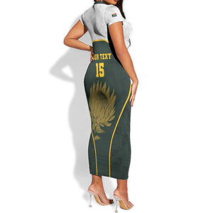 South Africa Rugby Personalised Short Sleeve Bodycon Dress Springboks Mascot With King Protea - African Pattern LT15