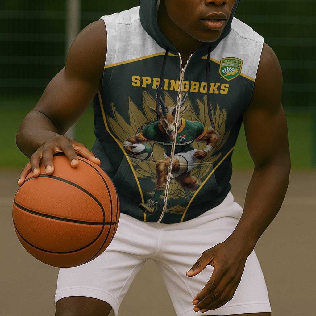 South Africa Rugby Personalised Sleeveless Zip Hoodie Springboks Mascot With King Protea -  African Pattern - African Pride