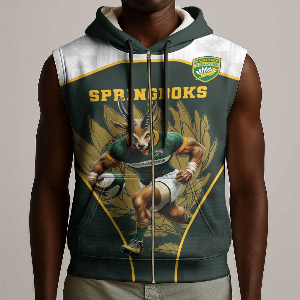 South Africa Rugby Personalised Sleeveless Zip Hoodie Springboks Mascot With King Protea -  African Pattern - African Pride