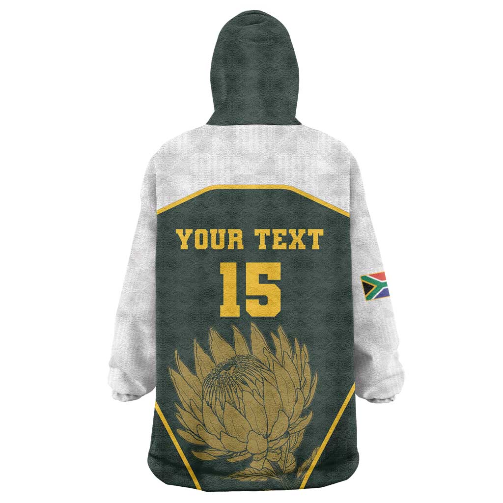 South Africa Rugby Personalised Wearable Blanket Hoodie Springboks Mascot With King Protea -  African Pattern