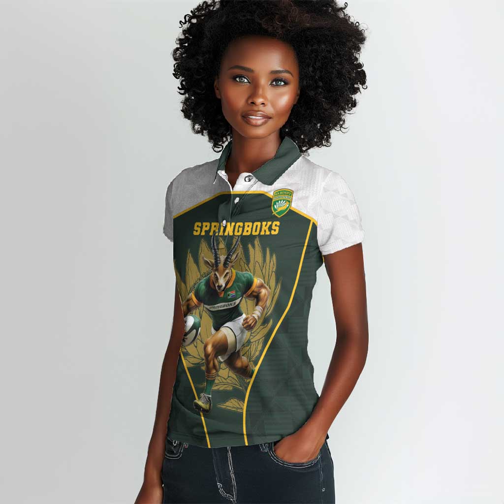 South Africa Rugby Personalised Women Polo Shirt Springboks Mascot With King Protea -  African Pattern
