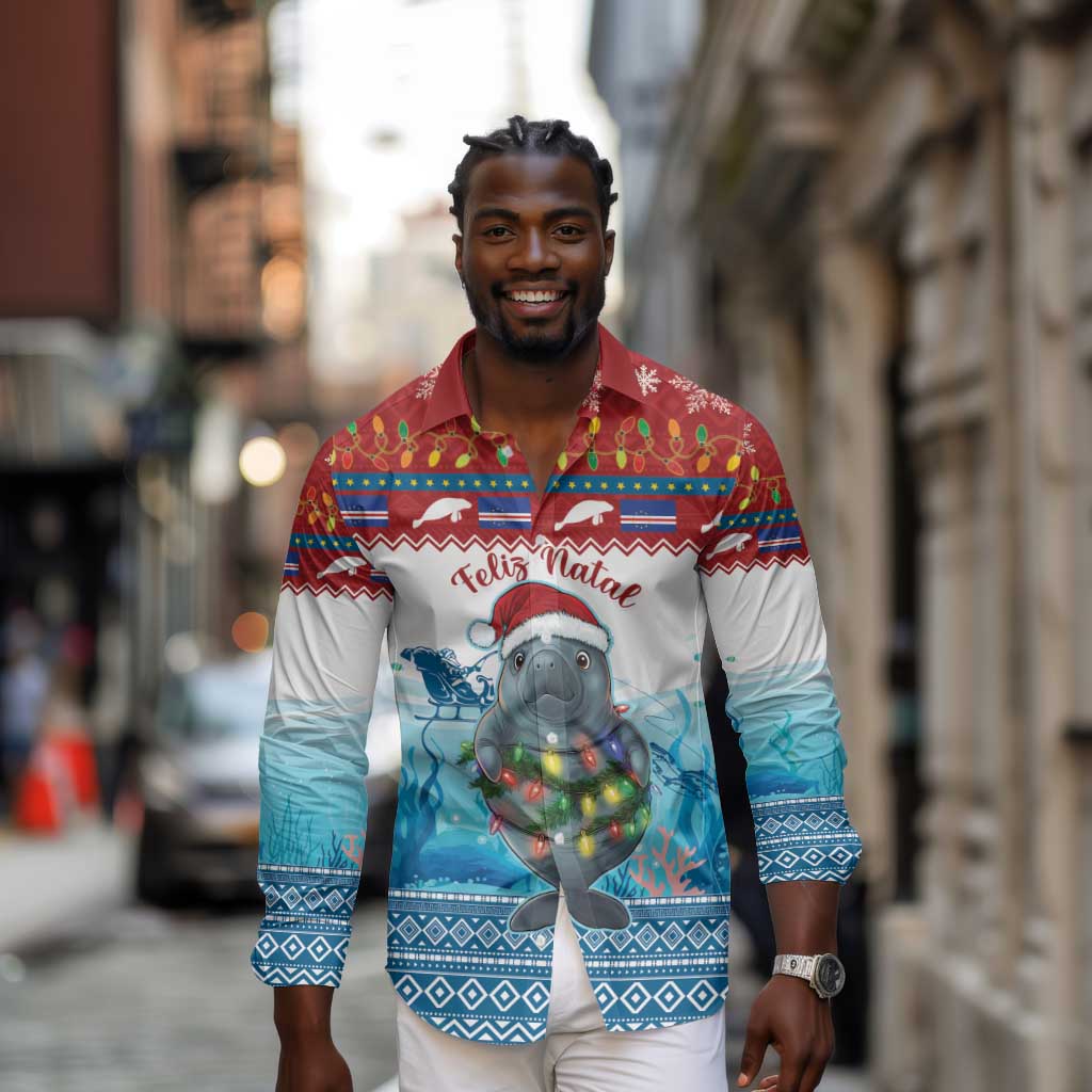 Personalised Cape Verde Christmas Long Sleeve Button Shirt Manatee Feliz Natal