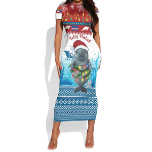 Personalised Cape Verde Christmas Short Sleeve Bodycon Dress Manatee Feliz Natal LT15