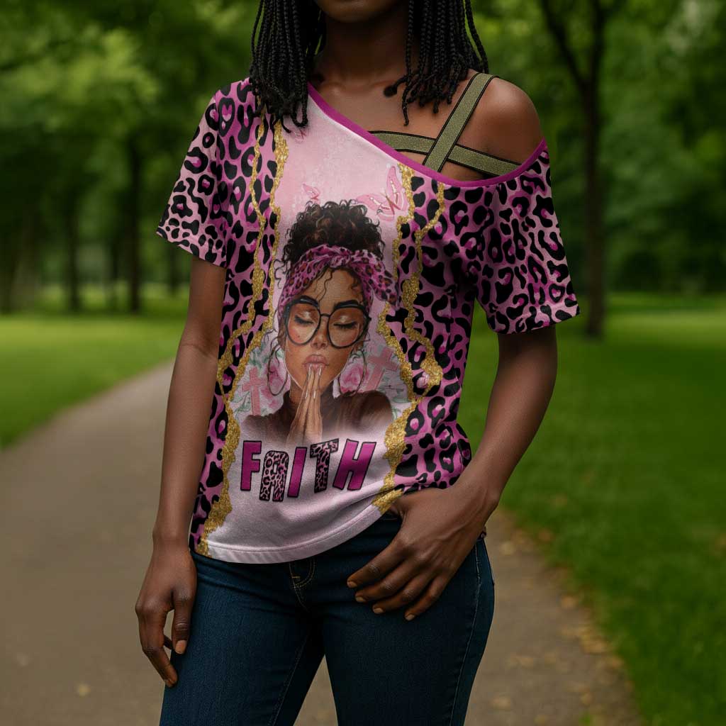 Black Her Story Cross Shoulder Shirt Faith Pink Leopard - African Pride