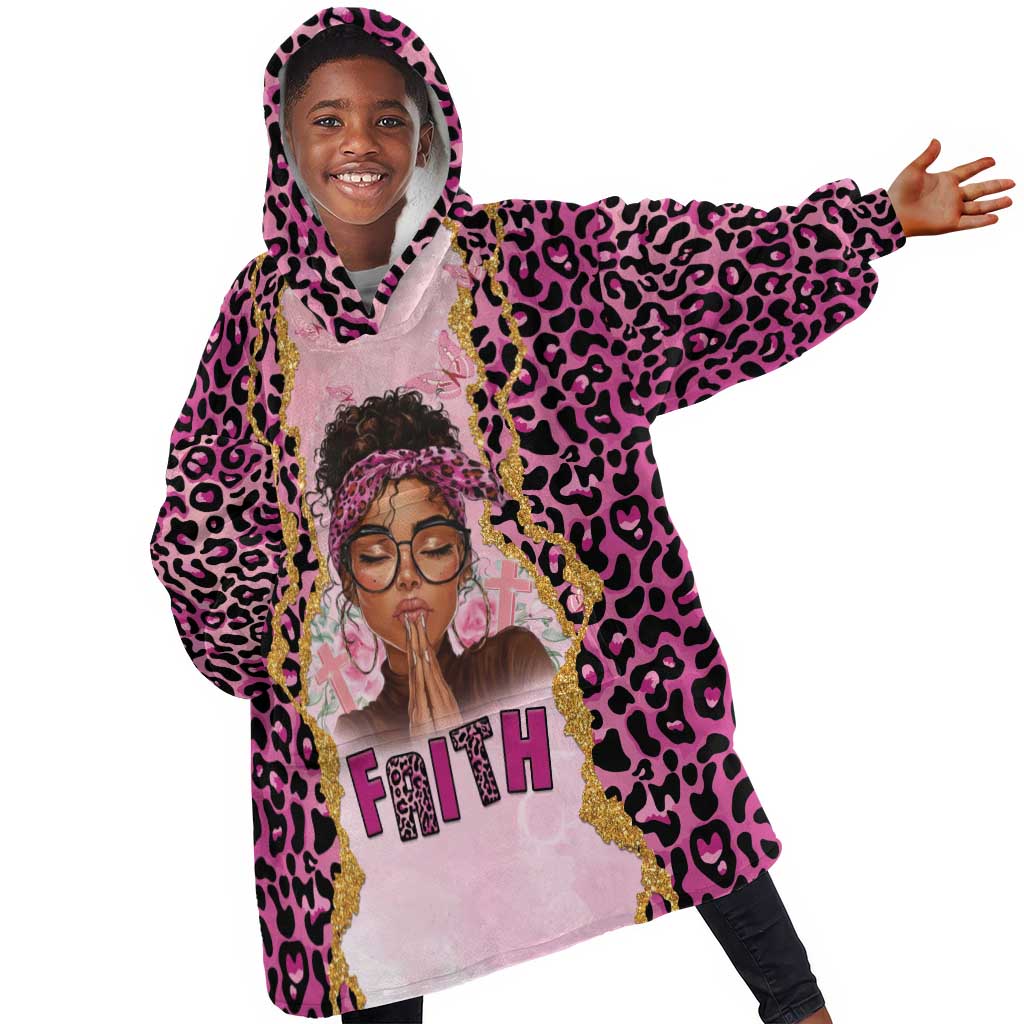 Black Her Story Kid Wearable Blanket Hoodie Faith Pink Leopard - African Pride