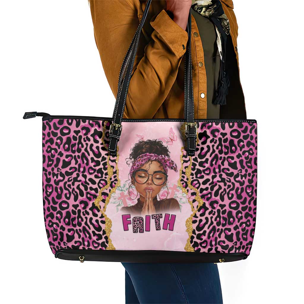 Black Her Story Leather Tote Bag Faith Pink Leopard - African Pride