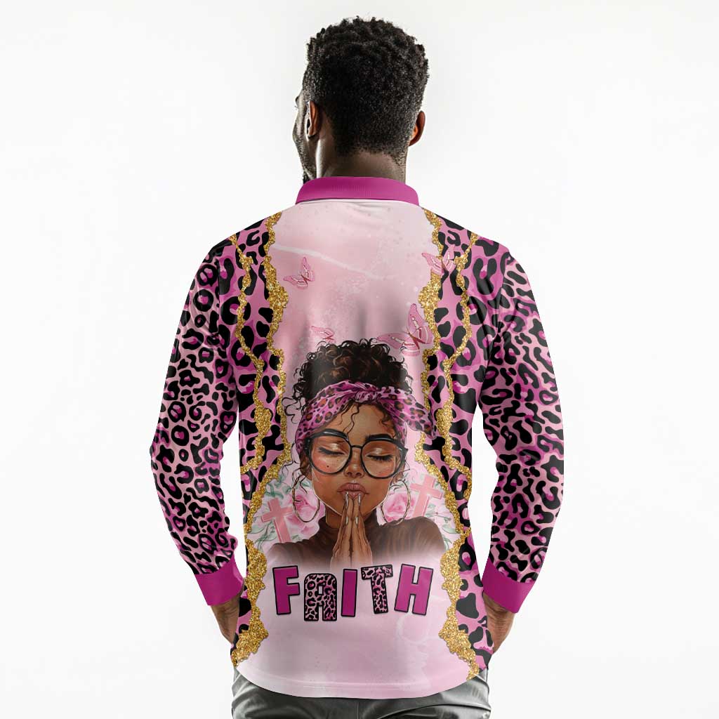 Black Her Story Long Sleeve Polo Shirt Faith Pink Leopard - African Pride