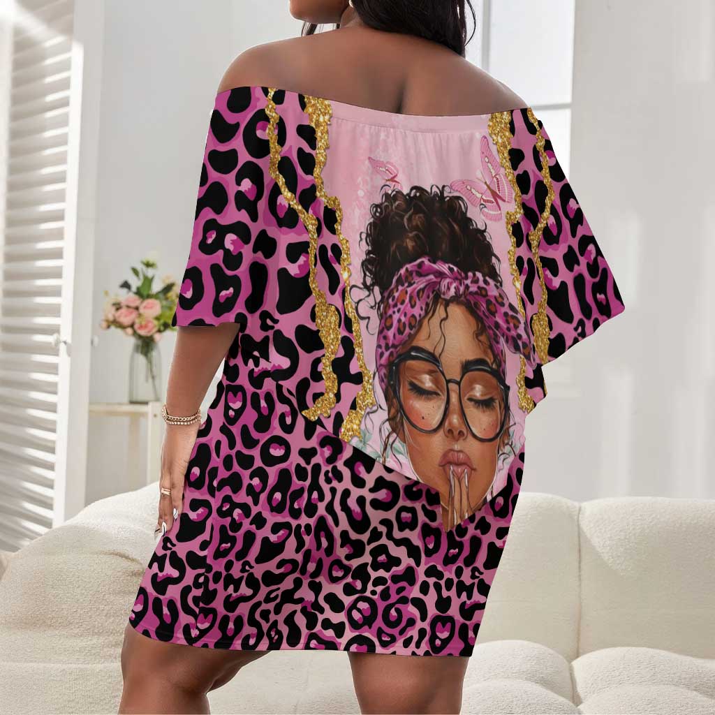 Black Her Story Off Shoulder Short Dress Faith Pink Leopard - African Pride