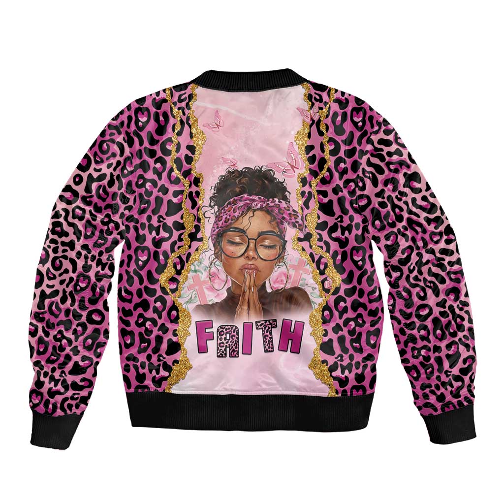 Black Her Story Sleeve Zip Bomber Jacket Faith Pink Leopard - African Pride