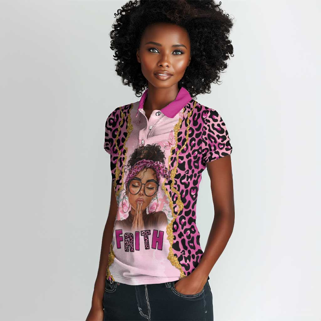 Black Her Story Women Polo Shirt Faith Pink Leopard - African Pride