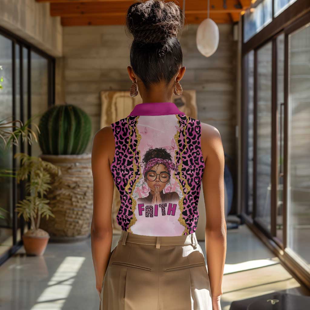 Black Her Story Women Sleeveless Polo Shirt Faith Pink Leopard - African Pride