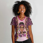 Black Her Story Women V-Neck T-Shirt Faith Pink Leopard - African Pride