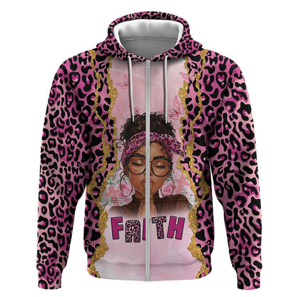 Black Her Story Zip Hoodie Faith Pink Leopard - African Pride