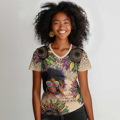 Black Her Story Sunshine Hurricane Women V-Neck T-Shirt Empowered Black Woman - African Pride