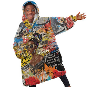 Black Her Story Graffiti Queen Kid Wearable Blanket Hoodie Black Woman Empowerment - African Pride