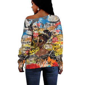 Black Her Story Graffiti Queen Off Shoulder Sweater Black Woman Empowerment - African Pride