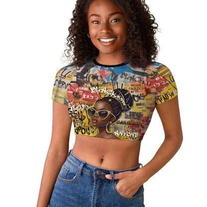 Black Her Story Graffiti Queen Raglan Cropped T shirt Black Woman Empowerment - African Pride