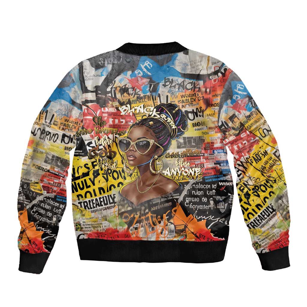Black Her Story Graffiti Queen Sleeve Zip Bomber Jacket Black Woman Empowerment - African Pride
