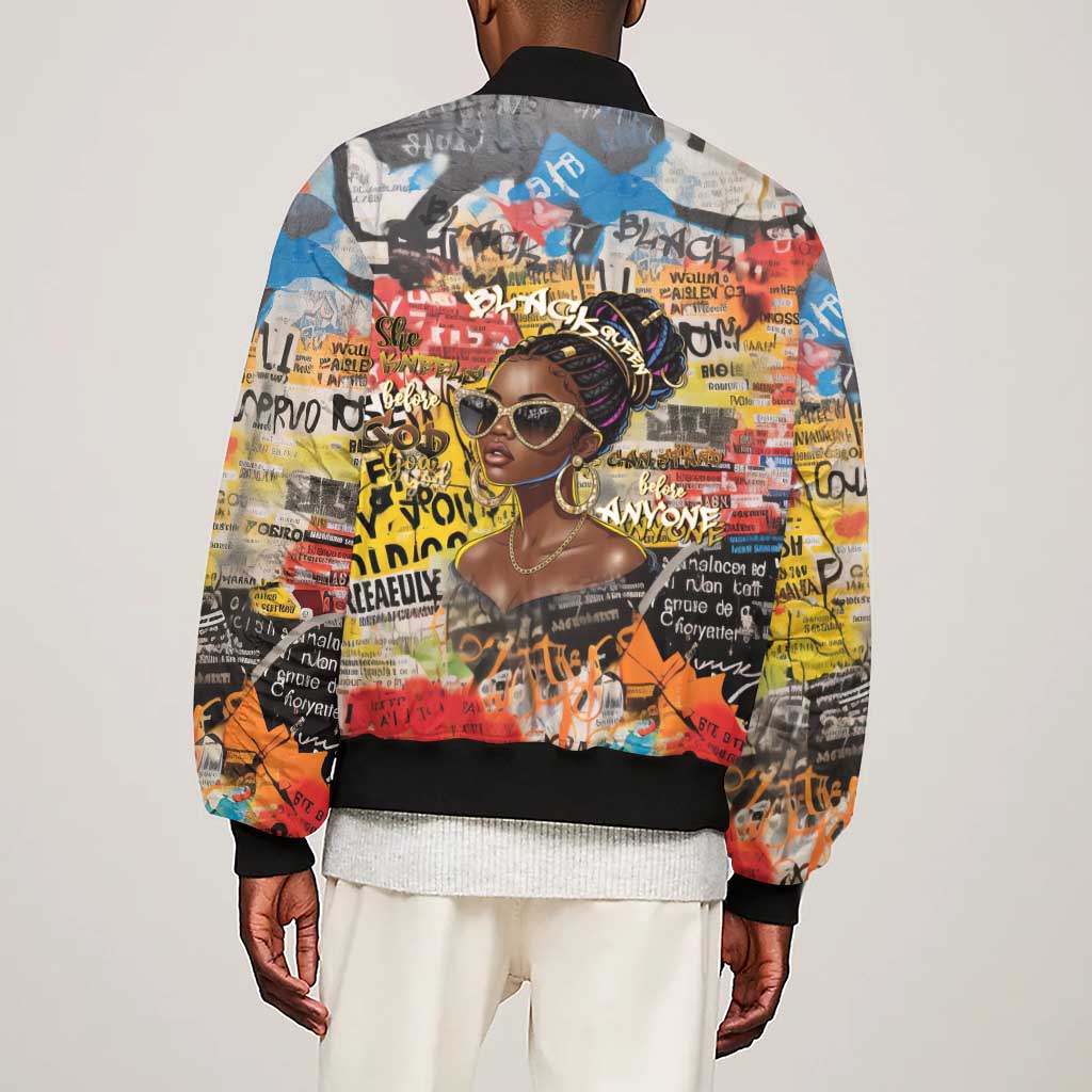 Black Her Story Graffiti Queen Sleeve Zip Bomber Jacket Black Woman Empowerment - African Pride