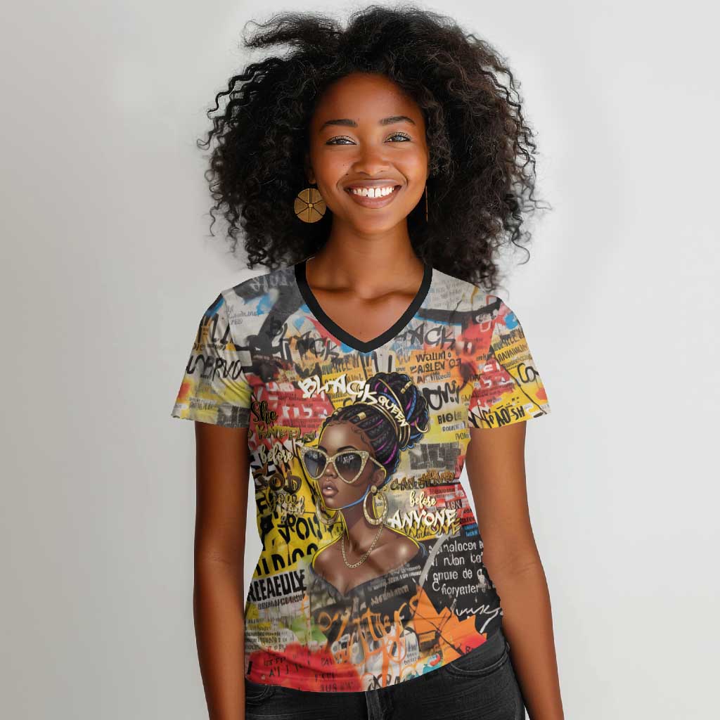 Black Her Story Graffiti Queen Women V-Neck T-Shirt Black Woman Empowerment - African Pride