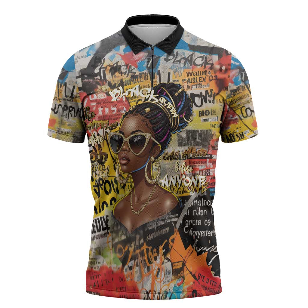 Black Her Story Graffiti Queen Zipper Polo Shirt Black Woman Empowerment - African Pride