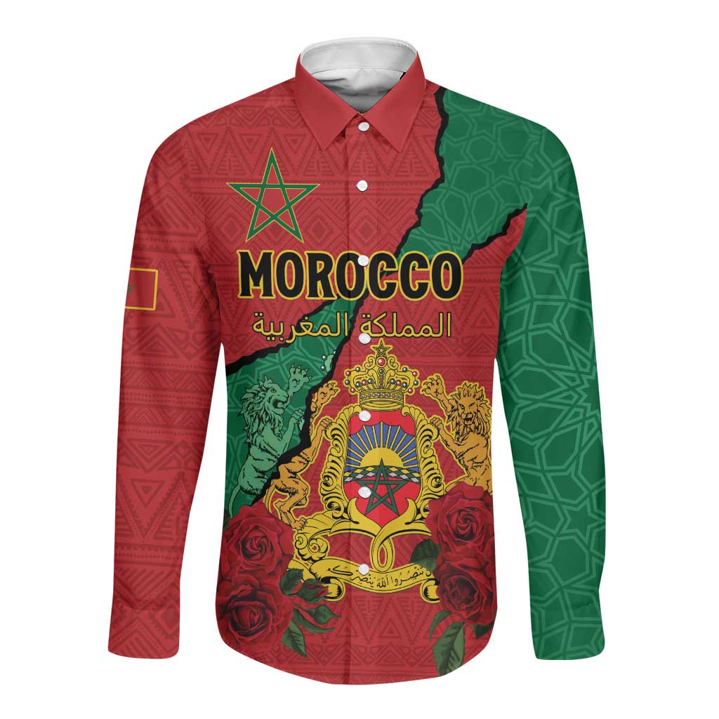 Personalised Morocco Long Sleeve Button Shirt Coat Of Arms - Islamic Mix African Patterns