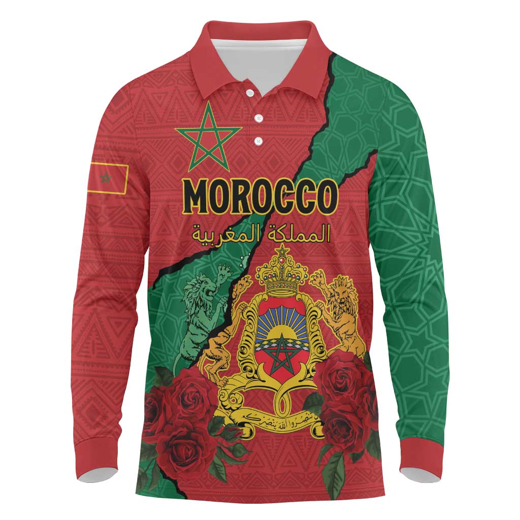 Personalised Morocco Long Sleeve Polo Shirt Coat Of Arms - Islamic Mix African Patterns