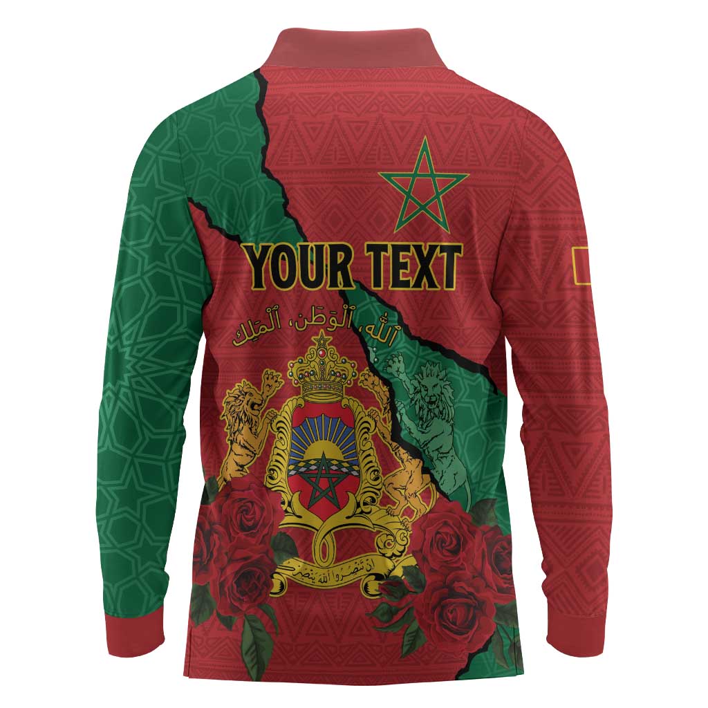 Personalised Morocco Long Sleeve Polo Shirt Coat Of Arms - Islamic Mix African Patterns